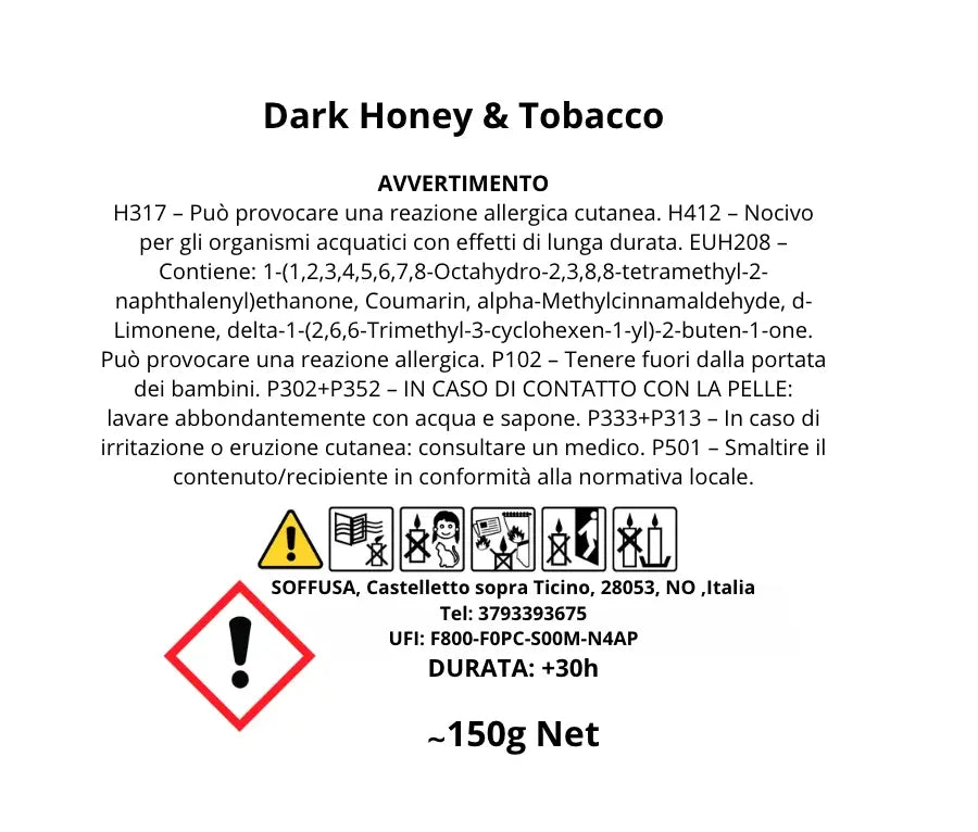 Etichetta candela_dark_honey_e_tabacco 150g - Soffusa