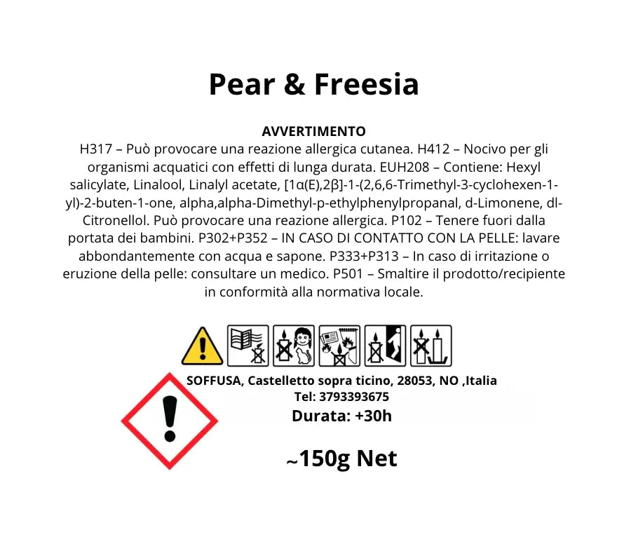 Etichetta candela _pera_e_fresia 150g - Soffusa