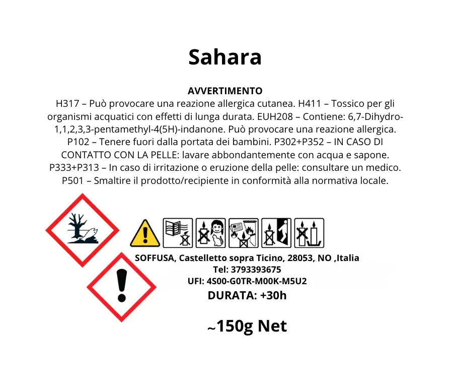 Etichetta  candela _Sahara 150g - Soffusa